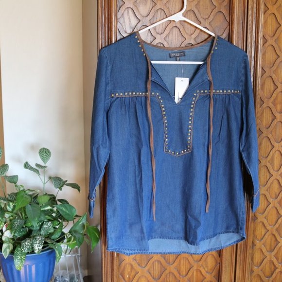 Hannah Tie Neck Denim Studded Peasant Top Tunic  – NWT! - Picture 13 of 13